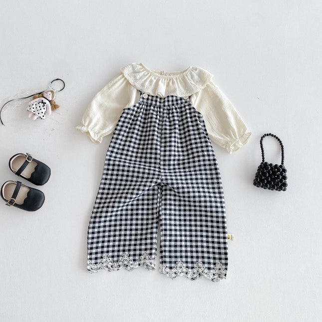 Baby set: Autumn girl baby lapel long-sleeve top + plaid overall set, sweet and stylish princess set