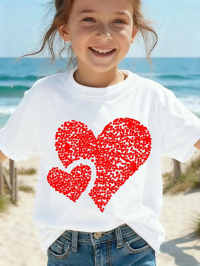 Cartoon Heart Graphic 3D Printed Girl Clothes Casual Short-Sleeve Round Neck Top for Girls Summer Fashion Children's Clothing
