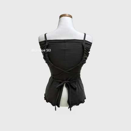 Korean Sle Unique Belted Design Slimming Versatile Split Front Strapl Top Women's Summer Faion Commute Straight Cut Vest