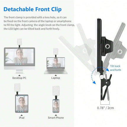 60 LED High Power Rechargeable Clip Fill Video Conference Light with Front & Back Clip, Adjusted 3 Light Modes for Phone, iPhone