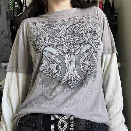 90s Vintage Cross Skull Print Tee Mall Goth Graphic Long Sleeve Patchwork T-Shirt Harajuku Retro Y2k Crop Top Women Streetwear