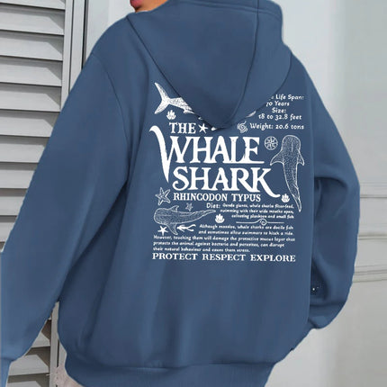 Creative Whale Shark With Letters Print Woman'S Streetwear Soft Trendy Hoodies Solid Color Warm Clothes Loose Hip Hop Hoody