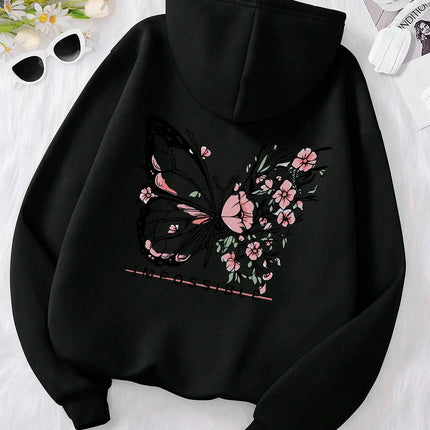 Women's Pink Butterfly Impossible Letters Pattern Printed Sweatshirt Fashion Warm Hoodie Loose Casual Hoodie Soft Clothing Y2K