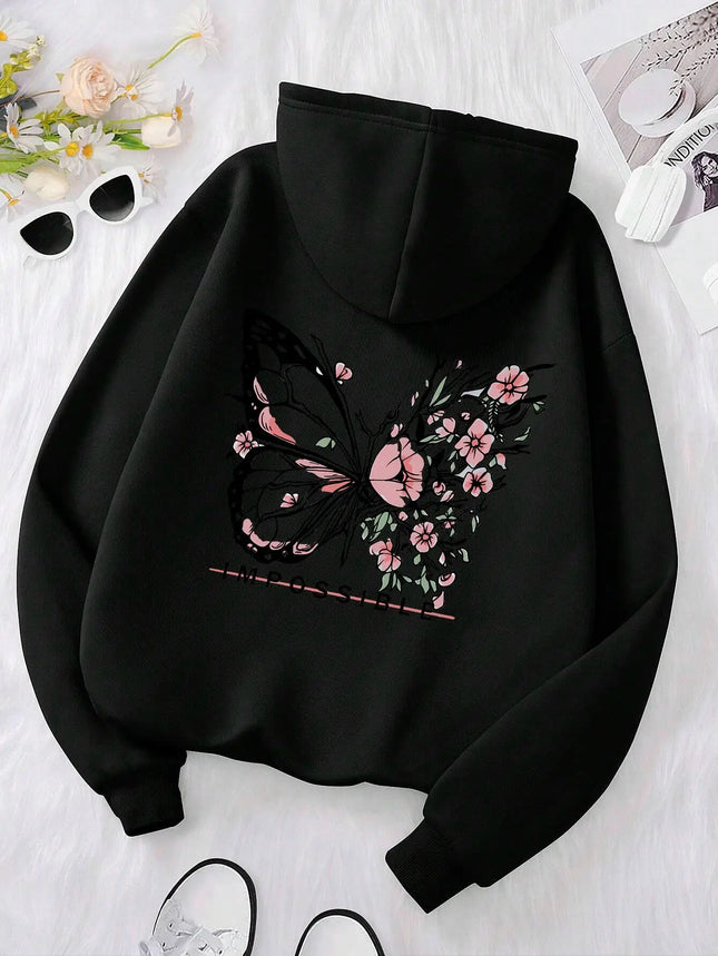 Women's Pink Butterfly Impossible Letters Pattern Printed Sweatshirt Fashion Warm Hoodie Loose Casual Hoodie Soft Clothing Y2K
