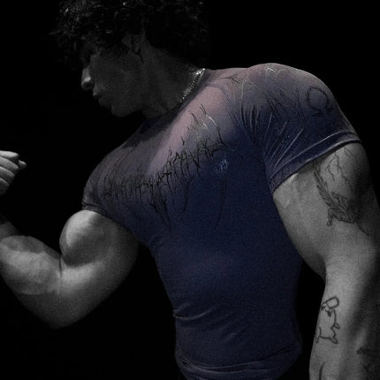 GYM T-shirt Men's Dark Gothic Print Muscle Tee  High Elasticity And Quick Drying Exercise For Bodybuilding Training 2025 Summer