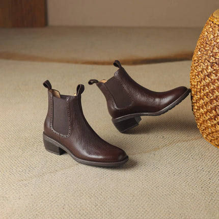 Krazing Pot Big Size 34-43 Cow Leather Round Toe High Heels Retro Modern Chelsea Boots Warm Winter Shoes Motorcycles Ankle Boots