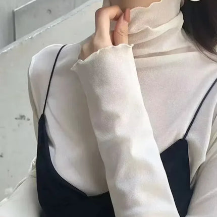 High Neck Sheer Mesh Top Women Clothing Long Sleeve Turtleneck T-shirt Korean Sexy See Through Black White Beige Shirt New