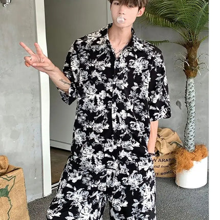 Loose Straight Leg Five-Quarter Beach Pants or Short Sleeve Printed Shirt Beach Travel Men's Fashion Floral Patterned Two-Piece Set