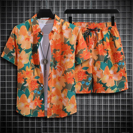 Hainan Island Beach Shirt Men's Set Sanya Travel Hawaii Large Size Floral Print Five-Quarter Pants Short Sleeve Casual Shirt