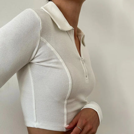 Women's T-shirt Autumn New Black Long Sleeves Crop Top Casual Fashion Zippers T-shirt Lady Turn-down Collar Sexy Tops Clothing