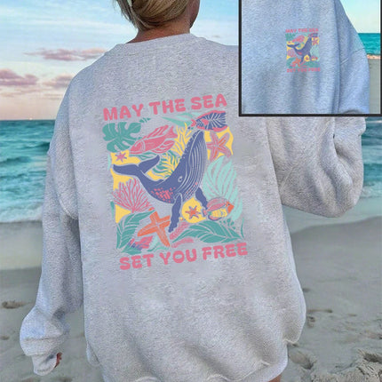 May The Sea Set You Free Printing Sweatshirts Womens Crewneck All-Match Hoodie Loose Fleece Warm Tops Autumn Comfortable Clothes