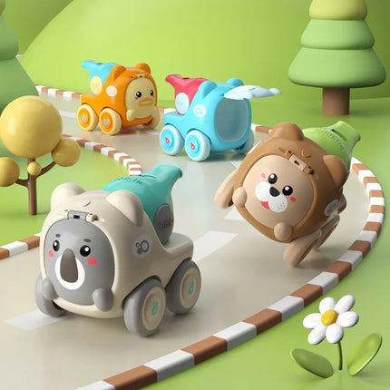Baby Animal Small Car Toy with Recoil Mechanism Whistle Can Open The Lid To Release Small Items, Inertia Sliding Baby Puzzle Toy