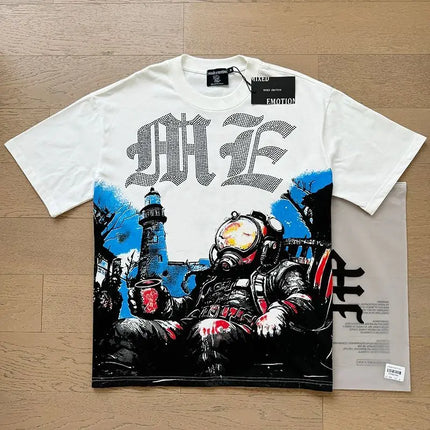 MIXED EMOTION Rhinestone Short Sleeve Men Women Tshirt Streetwear Cotton Loose Round Neck Top Tees Oversized Tee Top Trendy