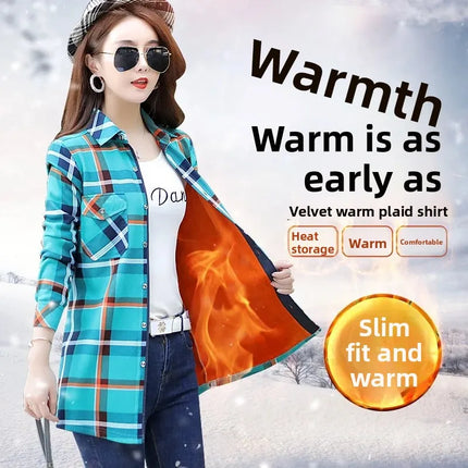 Thickened Fleece Women's Long Sleeve Shirt Warm Slim Fit Midi Length Plaid Korean Style Fashionable Women's Button-up Top