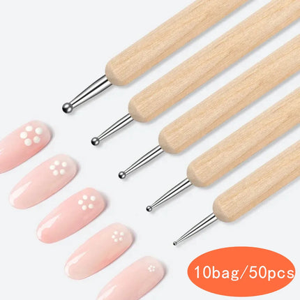 RHJB 10bag/50pcs Point Drill Pen Wooden Pen Bar Stirring Nail Polish Draw Five Petals Flower Polka Dot Double Head Stainless Bar