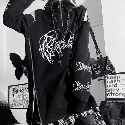 Two-Dimensional Dark Print Subculture Punk Long-Sleeved Loose Bf Style Off-Shoulder Sweatshirt with Zipper Design for Spring