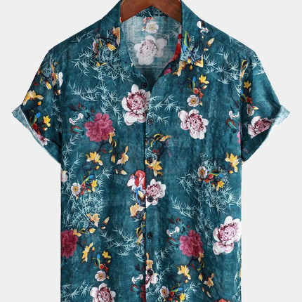 Summer Mens Striped Floral Patchwork Hawaiian Shirt 3D Print Short Sleeve Pocket Casual Oversized Beach Camisa Havaiana Listrada