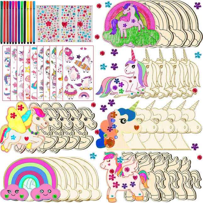 380Pcs Unicorn Wood Craft Set with 12Pcs Unicorn Wood, 354 Rhinestones, 12 Colored Pencils, 2 Stickers, Boys/Girls DIY Crafts