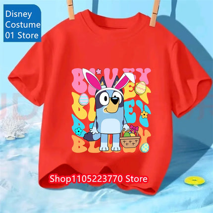 Bluey Themed Kids T-Shirt Boys Girls Autumn Winter Cartoon Graphic Short Sleeve Tee Daily Wear Top