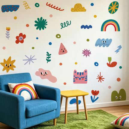 Boho Shapes Wall Decal Set, Colorful Modern Kids Room Wall Stickers, Removable Clouds & Rainbows for Nursery Toddler Bedroom