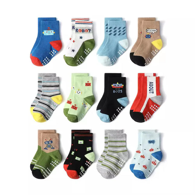 1/3/6/9/12 Pairs Kids Cotton Socks Sets for Baby Boys Non-slip Cute Cartoon Patterned Breathable Baby Trampoline Floor Socks