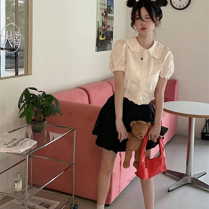 White Doll Collar Bubble Sleeve Shirt Women's Summer 2025 New Design Sweet Short Style Top Polyester Fabric Pure Color Fresh...