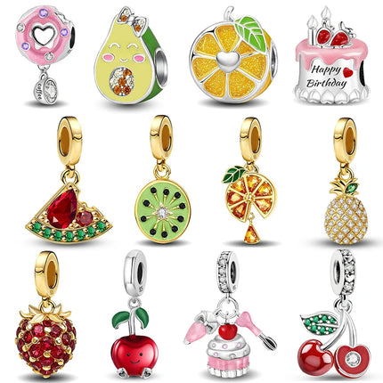 925 Sterling Silver Pink Cake Cherry Pineapple Strawberry Cherry Pendant Charm Ball Suitable for Bracelets DIY Women's Jewelry