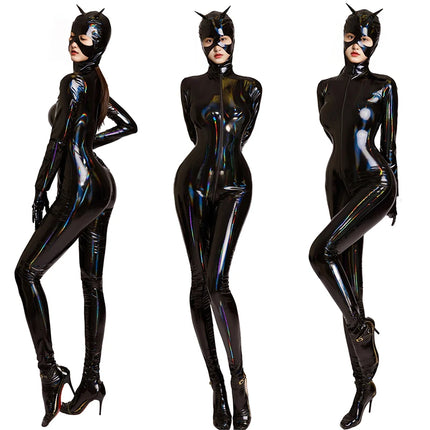Adult Cat Girl Cosplay Costume Women Sexy Shiny Leather PU Zipper Open Crotch Bodysuit Tights One-piece Unitard Leotard Jumpsuit