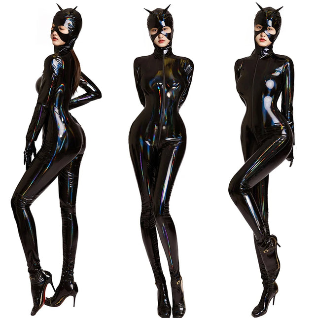 Adult Cat Girl Cosplay Costume Women Sexy Shiny Leather PU Zipper Open Crotch Bodysuit Tights One-piece Unitard Leotard Jumpsuit