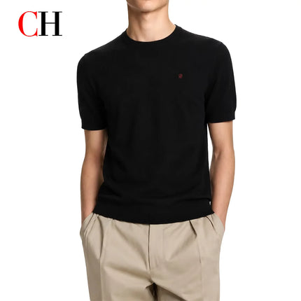 CH Embroidered Solid Color Short Sleeve Knit T Shirt Men Crew Neck Regular Fit All Match Soft Touch Casual Daily Tops