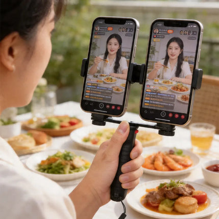 Dual Phone Holder Mount Stand for Live Streaming Video Recording Adjustable Handheld Gimbal Stabilizer with Tripod for TikTok Vl