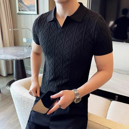Business Casual Summer New Style Short Sleeve Polo Shirt Men's Knitted Slim Fit Collared Top Trendy Ins Style AE Stock