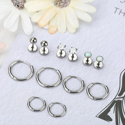 6 Pairs Earring Sets for Multiple Piercings Small Huggie Hoop Earrings Flat Back Tiny Ball CZ Opal Pearl Stud Earrings for Women