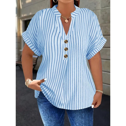 Spring Summer Plus-size Sleeve Shirt V-neck Buttoned Batwing Top Vertical Stripes Slim Fit Women's Autumn and winter innerwear