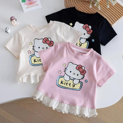 Sanrio New Hello Kitty Cute and Trendy Children T-shirt Summer Daily Outdoor Sports Party Casual Street Short-sleeve