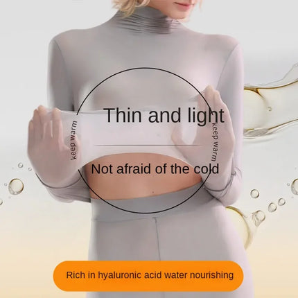 2 Pieces Women Thermal Base Layer Set High Elastic Seamless Bodysuit Stacked Collar Warm Long Sleeve Skin Suit Winter Underwear