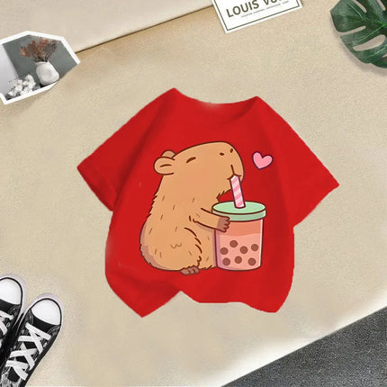 2025 Summer New Cute Animal Kapibala Fashion Printed Children's T-shirt Short Sleeve Fashion Pure Cotton Children's Clothing