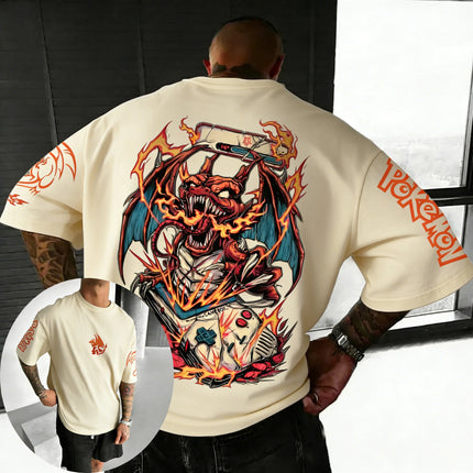 Pokemon  Game Charizard Co Branded Cotton T-shirt Summer New Men's and Women's Loose Casual Hip-hop Trend Short Sleeved Top