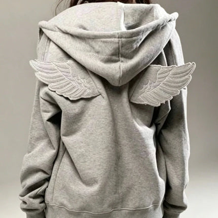 Women Fashion Grey Angel Wing Embroidered Hoodie Zipper Kawaii Pullover Sweatshirt Wing Y2K Streetwear Goth 2000s Alt Clothes