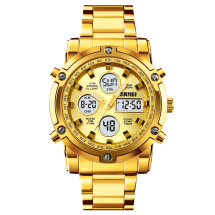 SKMEI Men Dual Display Watch Countdown Steel Strap Electronic Wristwatch Three Time Clock Digital Quartz Watch Relogio Masculino