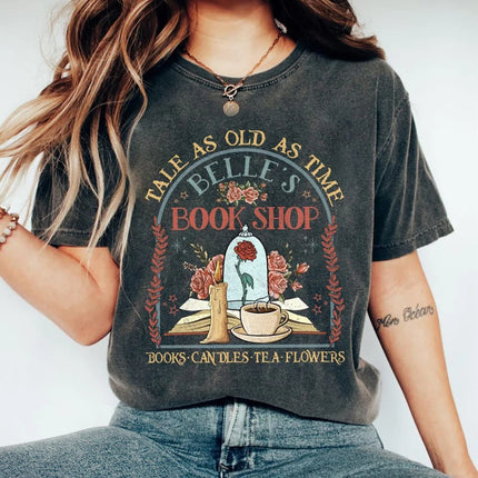 Vintage Retro Belle's Book shop Shirt Tale as old as time Beauty and The Beast Magic Tee Casual Y2K Top Daily Trendy Streetwear