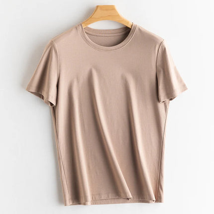 SuyaDream Women Solid T shirts, Silk Cotton Blend, O Neck, Short Sleeved Solid Tee,2025 Summer Candy Colors Basic Cozy Top Green