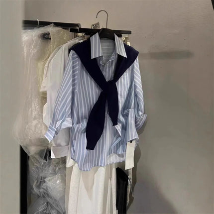 Blue Loose College Style Striped Shirt plus Shawl Two-Piece Set Women Spring Autumn New Versatile High-End Feeling Top