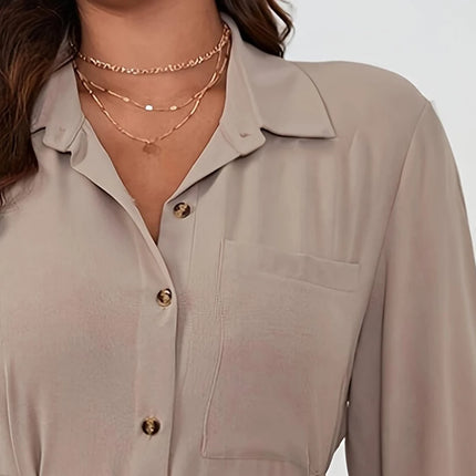 Plus Size Solid Belted Button Front Shirt, Elegant Curved Hem Long Sleeve Shirt For Spring & Fall, Women's Plus Size Clothing