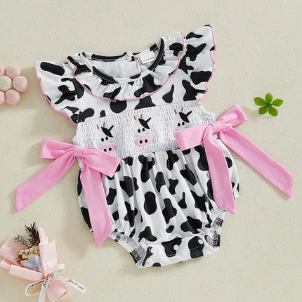 Pudcoco Baby Girl Summer Romper Ruffle Sleeveless Cow Embroidery Smocked Bodysuit Newborn Playsuit 0-18M