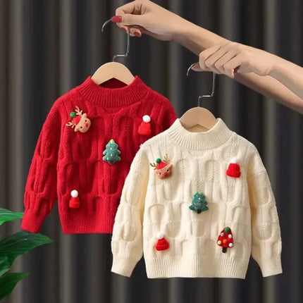 Hat Deer Christmas 3D Pullover Sweater Autumn and Winter Knitted New Year Christmas Girls Clothes Korean Version