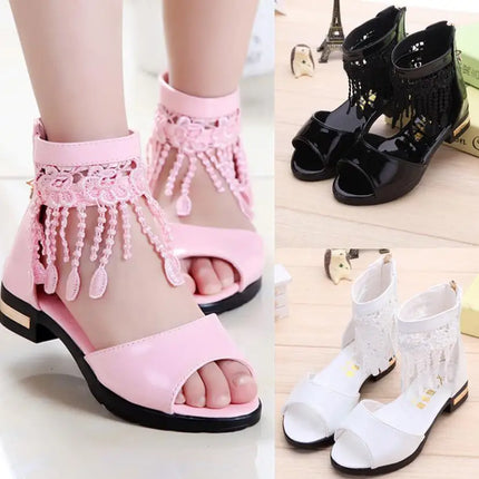 3 5 9 10 12 Years Kids Bow Sandals Children Girls Summer Cute Sandals Beach 2021 Princess Fashion High Heels Tassel School Shoes