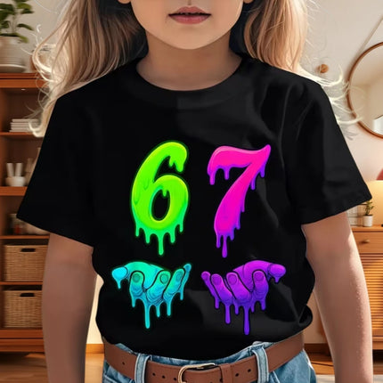 67 Meme T-Shirt for Boys Girls Fashion Splashed Ink 3D Print Girl Short Sleeve Tees Round Neck Tops Loose Children's Clothing