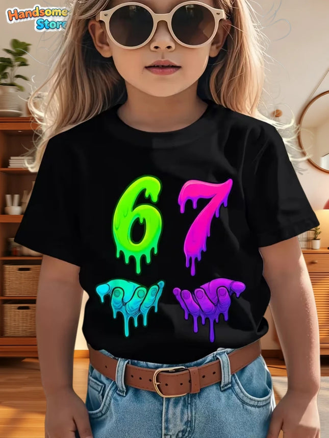 67 Meme T-Shirt for Boys Girls Fashion Splashed Ink 3D Print Girl Short Sleeve Tees Round Neck Tops Loose Children's Clothing