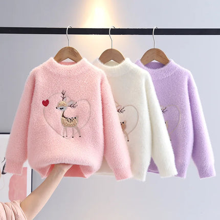 Fashion Embroidered Cute Deer Kids Sweater Girls Knit Pullover Princess Soft Cozy O-Neck Heart-shape Autumn Winter Tops HY12161